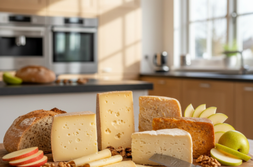 Jonge, belegen en oude Goudse kaas op een houten plank met brood, noten en fruit.