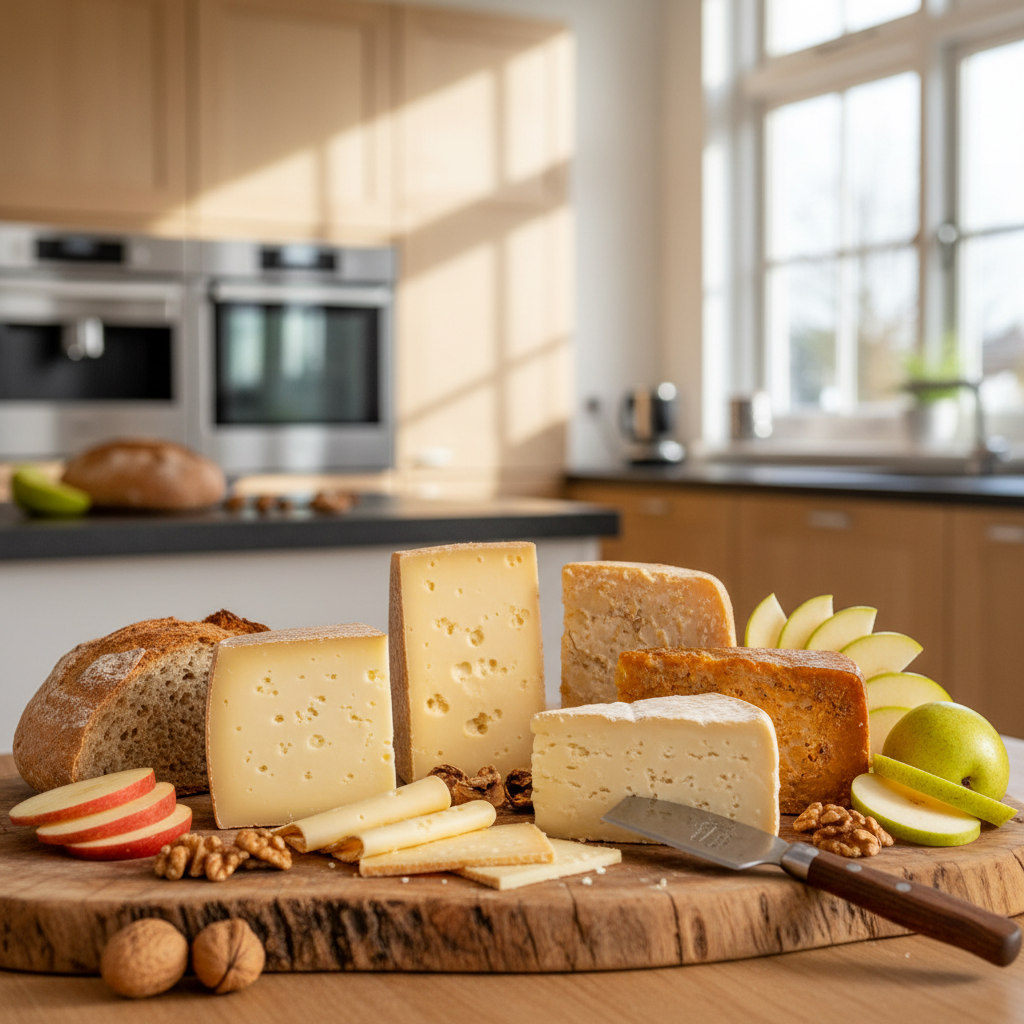 Jonge, belegen en oude Goudse kaas op een houten plank met brood, noten en fruit.