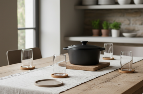 Landelijke eettafel met houten, kurken en keramische onderzetters onder glazen en een serveerpan.