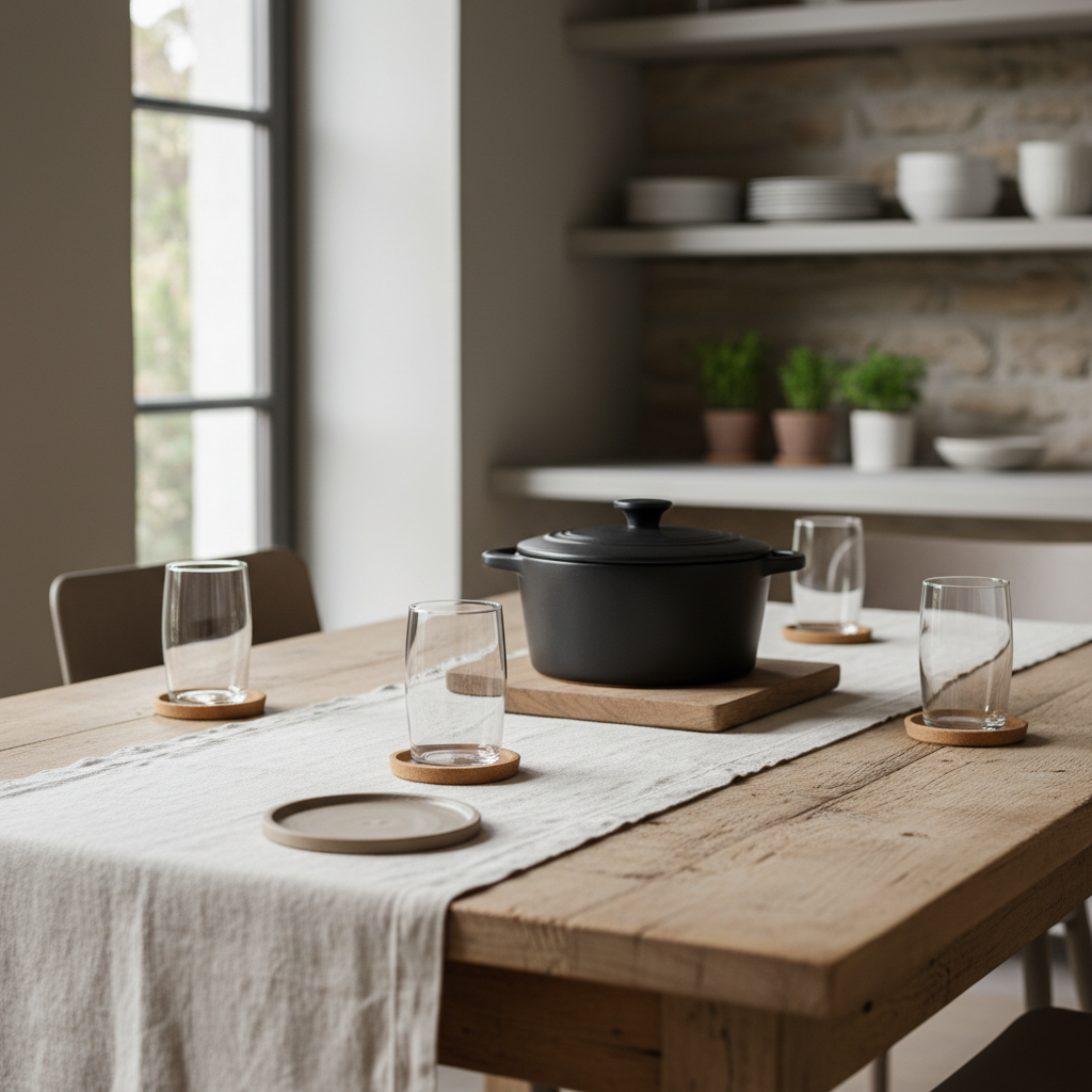 Landelijke eettafel met houten, kurken en keramische onderzetters onder glazen en een serveerpan.