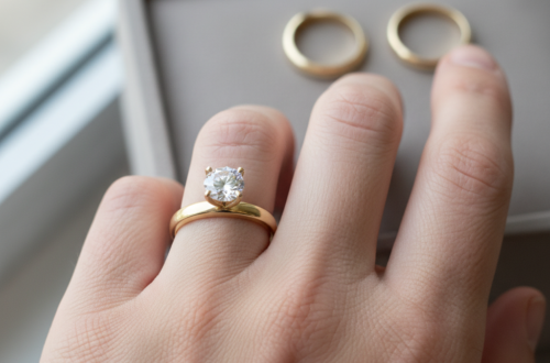 Hand met een gouden verlovingsring en trouwring waarbij de aansluiting naast de steen zichtbaar is.