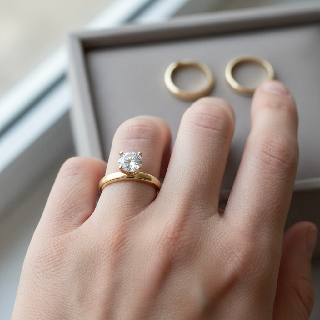 Hand met een gouden verlovingsring en trouwring waarbij de aansluiting naast de steen zichtbaar is.