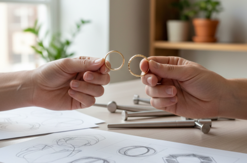 Handen vergelijken verschillende trouwringen naast pasringen en ontwerpschetsen op een houten tafel.