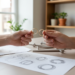 Handen vergelijken verschillende trouwringen naast pasringen en ontwerpschetsen op een houten tafel.