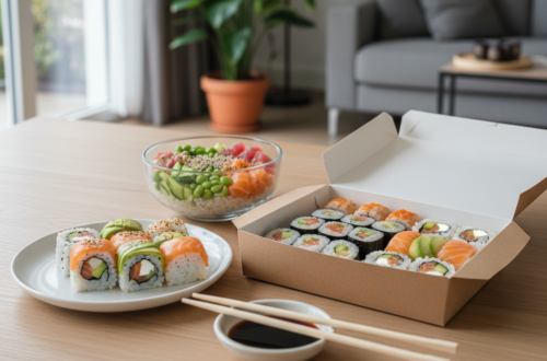 Een sushibox, losse sushirollen en een poké bowl naast elkaar op een gedekte eettafel.
